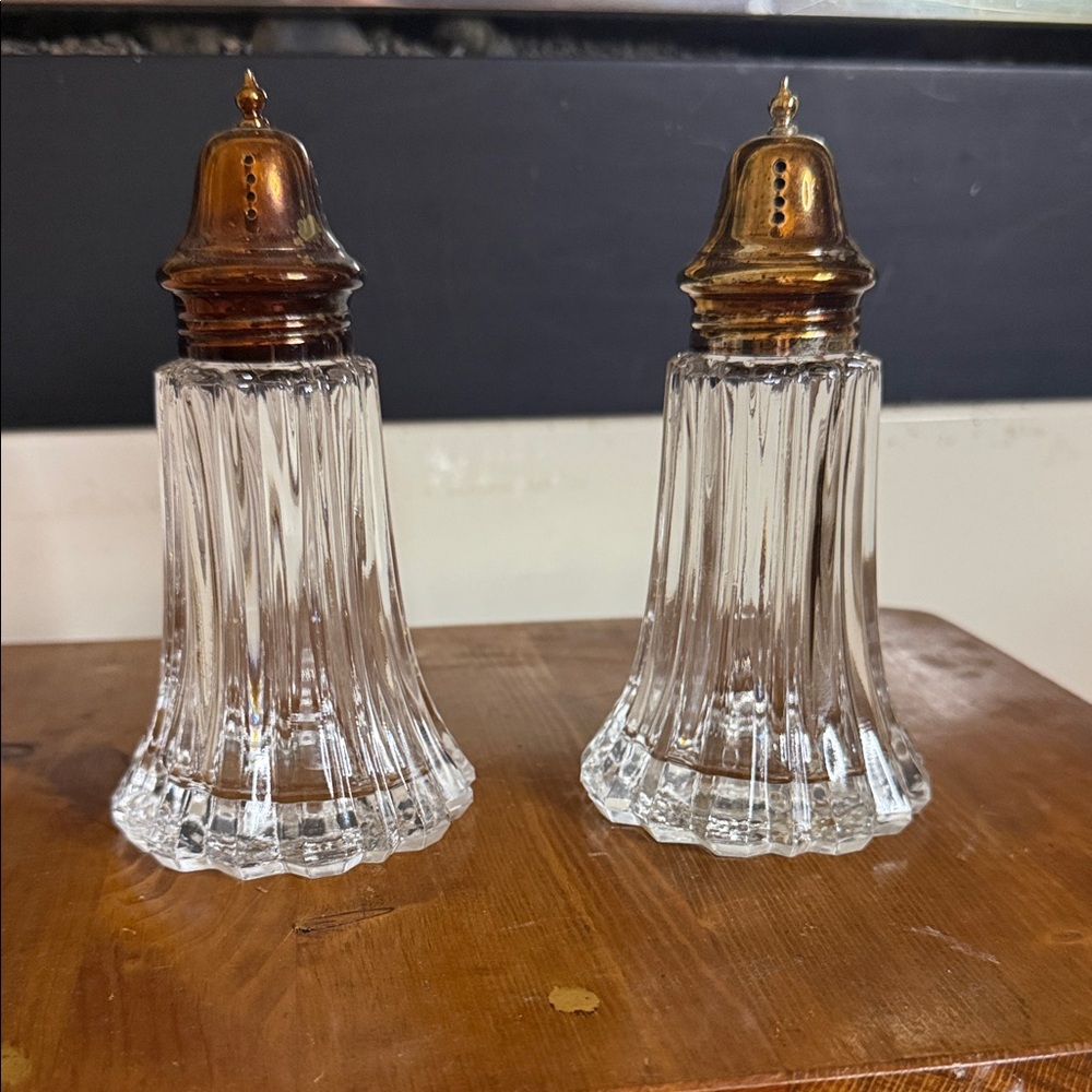 1950s F.B. Roger’s - Vintage Glass Salt and Pepper Shakers with Brass Tops